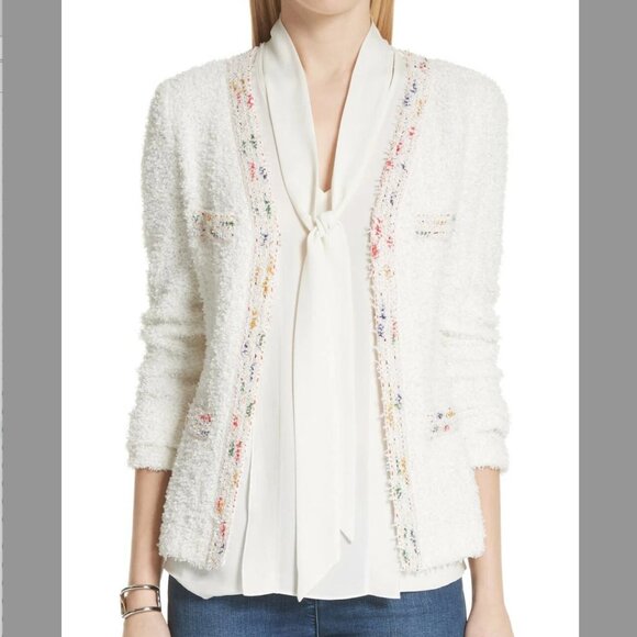 St John Womens 12 Flagged Textural Knit Jacket Blazer Cream Multicolor Trim - Picture 1 of 7